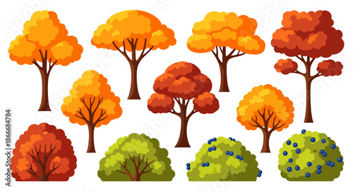 Colorful autumn trees and bushes illustration with vibrant foliage and seasonal leaves.
