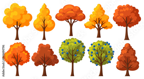 Collection of colorful autumn and summer trees with various shapes and foliage styles.