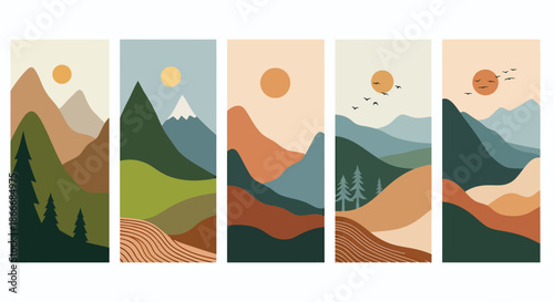 Set of abstract landscape illustrations with mountains, trees, and sun in warm earthy tones.