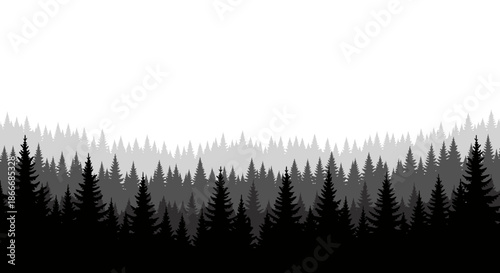 Monochrome illustration of dense pine forest with layered tree silhouettes and white background.