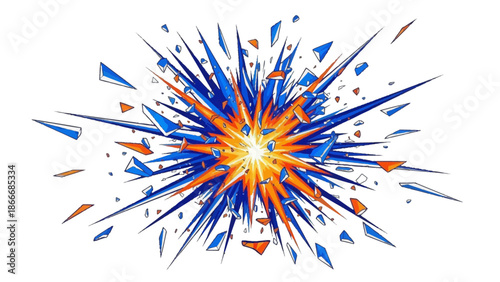 Explosion of colorful shattered glass fragments in blue orange and white on transparent ground