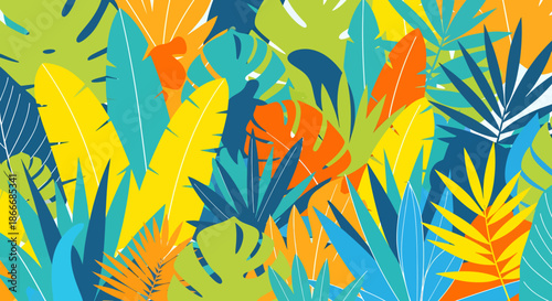 Colorful tropical leaves pattern with vibrant jungle foliage in abstract style.