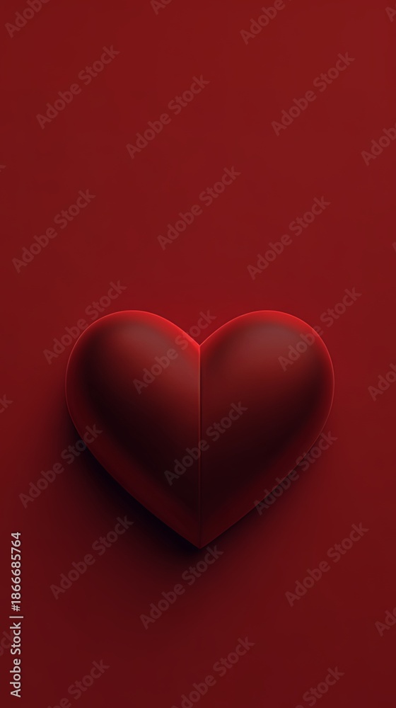 Obraz premium Red heart on dark red background with soft shadow, minimal romantic Valentine love concept with copy space