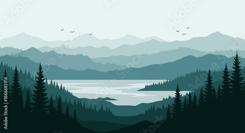 Serene mountain landscape with pine trees, distant lake, and birds flying in the sky.