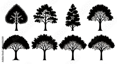 Collection of eight different tree silhouettes with varied shapes and foliage styles.