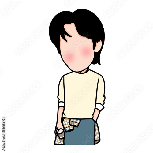 Chibi art illustration Chinese actor. A handsome male Chinese actor is modeling while holding a coffee.