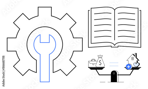 Balance concept. Gear and wrench alongside an open book and a scale with finance and health symbols. Balance reflects decisions, progress, health, and finances. Perfect for strategy, education