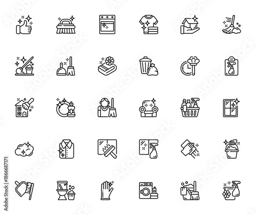 Spring Cleaning icon set. Minimal vector icons pack. Includes symbols for broom, mop, laundry, bucket, gloves, trash, dusting, window washing and more. Editable stroke.
