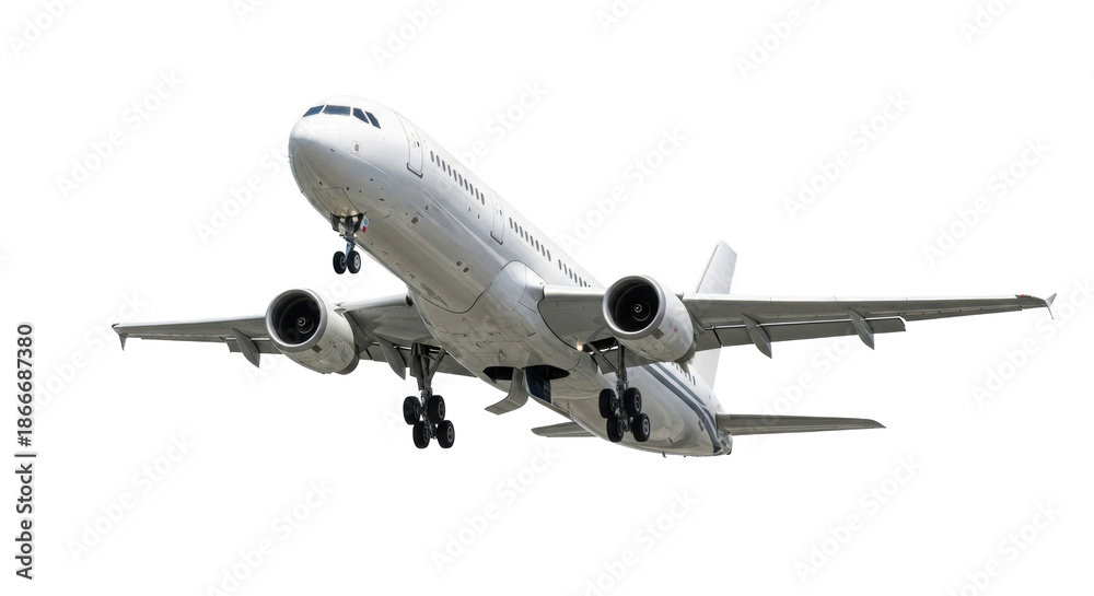 Obraz premium Sleek, modern commercial airplane, transparent and polished metal, ascending with fully deployed landing gear against a transparent studio background. concept of global connectivity and travel