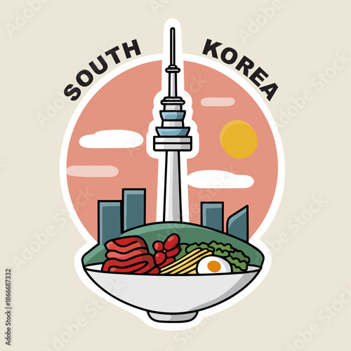 Vibrant South Korea Sticker Illustration with Cityscape, Tower, and Delicious Food