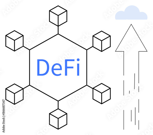 Financial technology, blockchain networks, cryptocurrency, decentralized systems, investment growth, and digital economy. Hexagonal blockchain structure and upward cloud arrow. Financial technology