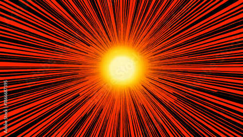 A vibrant sunburst illustration features an explosion of fractal fire and orange light rays with a glowing star pattern design on a bright red backdrop for a hot energy wallpaper vector