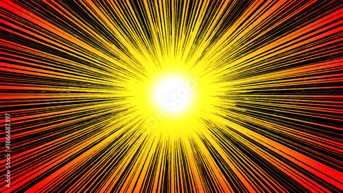 An abstract sunburst vector illustration featuring a bright orange and yellow sun explosion with warm summer rays and shining light beams creates a vibrant star pattern wallpaper design backdrop