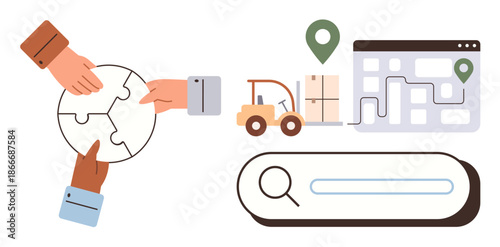 Teamwork, logistics, supply chain, tracking systems, business operations, problem-solving. Hands assembling puzzle pieces, forklift map and search bar. Teamwork and logistics demonstrate effective