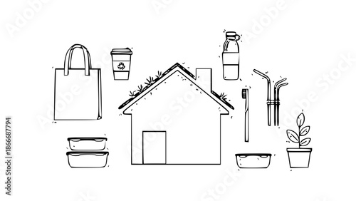 Minimal flat vector eco home concept poster,
reusable everyday items

