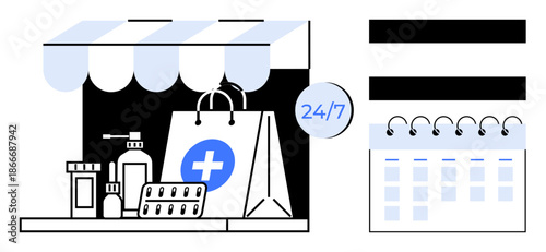 Independent pharmacy shop setup with shopping bag, cross symbol, medicines, 247 availability, and calendar. Ideal for healthcare, retail, scheduling, medical access pharmacy availability simple