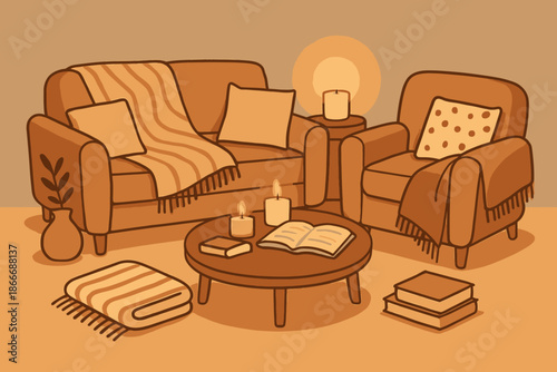 Cozy Living Room Illustration with Sofa Armchair and Coffee Table.
