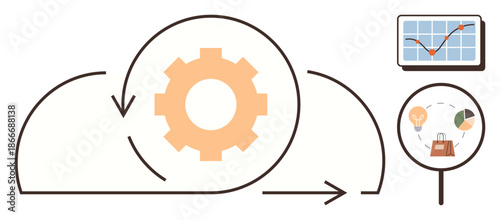 Business analytics, cloud computing, innovation tools, strategy planning, data visualization, workflow optimization. Cloud with gear, graphs and icons for insights. Cloud computing and business