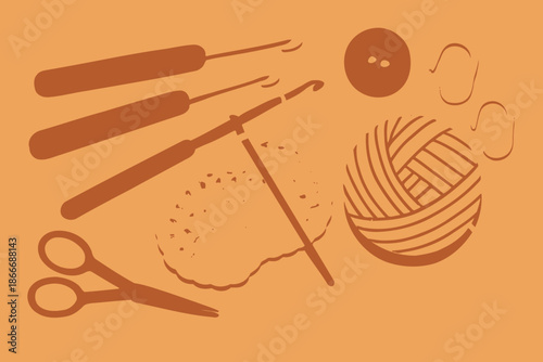 Crochet Tools and Supplies Hooks Yarn Button and Scissors.