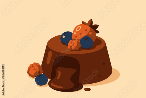 Delicious Chocolate Lava Cake with Berries Illustration.
