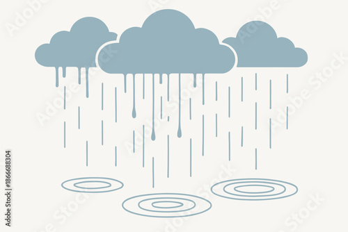 Rainy Day Illustration Clouds and Raindrops Creating Puddles.