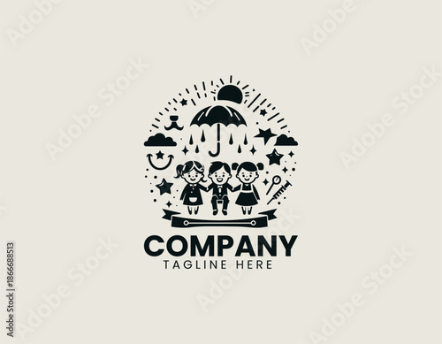 Black dental care logo is represented by smiling child tooth illustration friendly