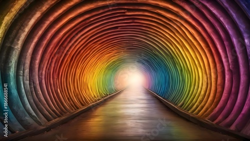 Vibrant, multicolored rainbow tunnel stretches into the distance, with a bright, clear light source visible at the distant end of the passage