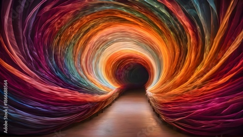 Vibrant, multicolored tunnel extends into the distance, with a bright, clear light source visibly coming out of the distant end of the passage