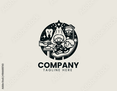 Black dental care logo is represented by smiling child tooth illustration friendly