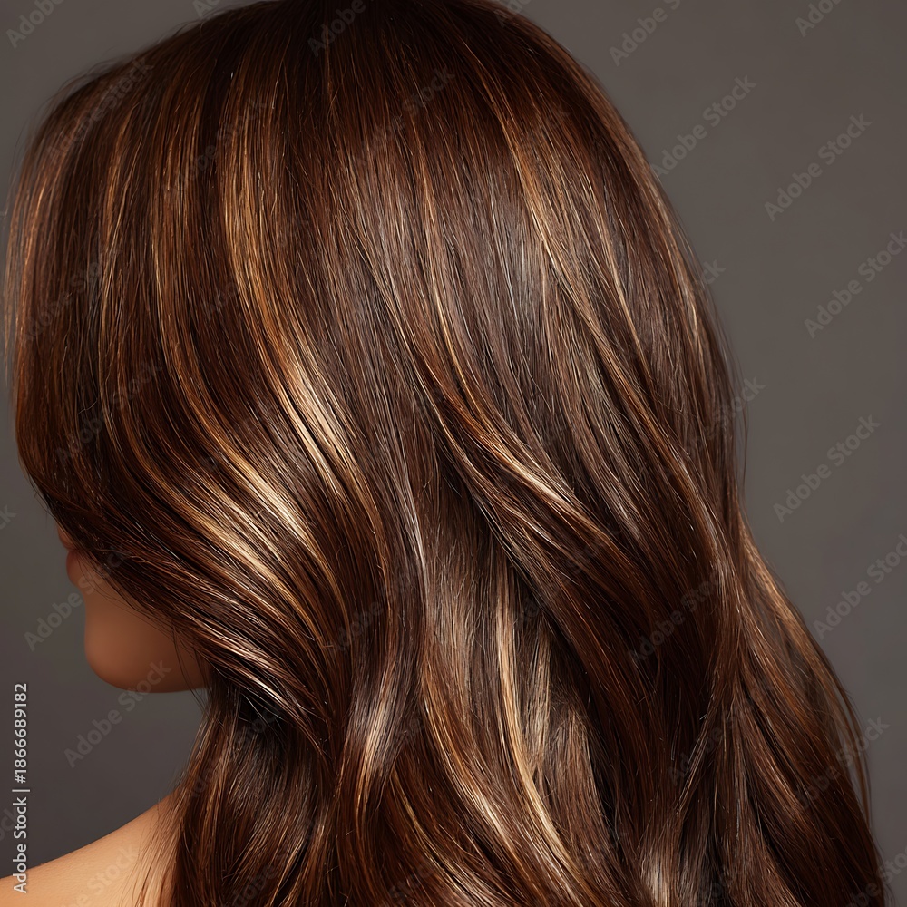 Fototapeta premium silky brown hair with soft highlights, smooth healthy texture