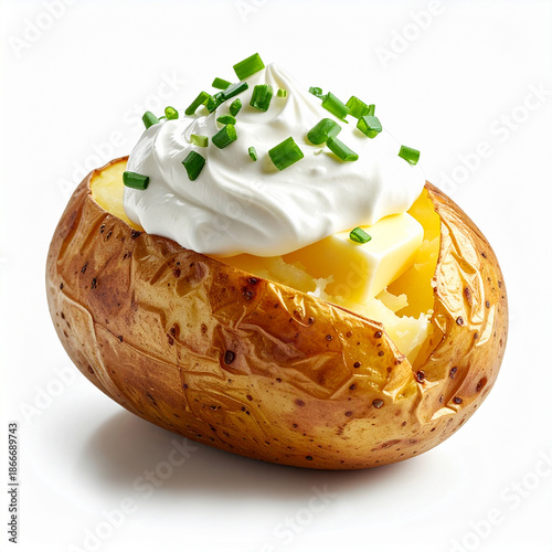 Delicious baked potato with butter sour cream and chopped chives isolated on white background
