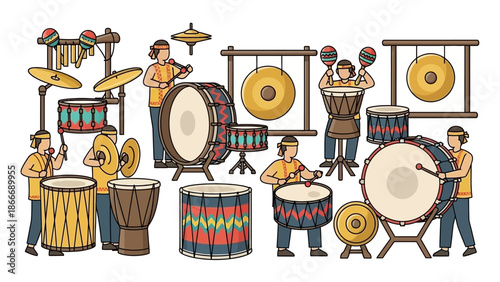 Illustration of various percussion instruments and musicians in a musical ensemble