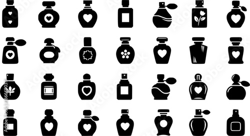 love perfume bottle silhouette Valentine icon set,Black color simple Vector icons