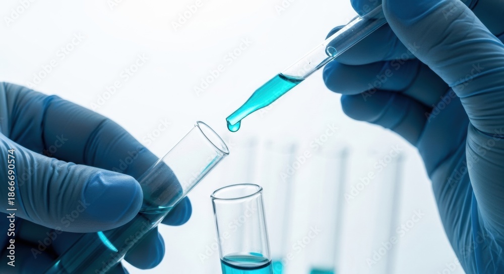 Fototapeta premium Close-up view of a scientist's gloved hands carefully dropping blue liquid into test tubes in a brightly lit laboratory showcasing scientific research and chemical analysis.