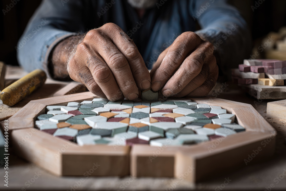 Fototapeta premium Moroccan artisan arranges colorful zellige tile pieces by hand creating geometric mosaic pattern on wooden table in traditional workshop setting