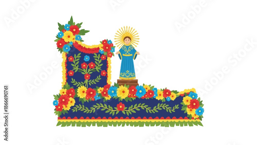 Vibrant Floral Arrangement with a Statue A Colorful Depiction of Celebration and Artistry