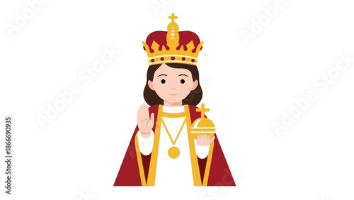 Illustration of a cartoon figure representing a religious icon, with a crown and robes on a white background