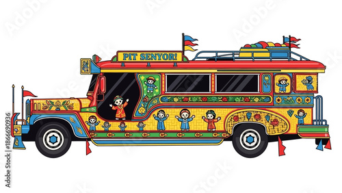 Colorful Jeepney Illustration A Vibrant Filipino Transportation Icon Depicted in Detail