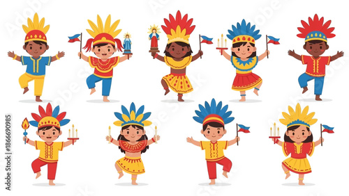 Celebrating Philippine Festivals Vector Illustration of Children with Flags and Candle
