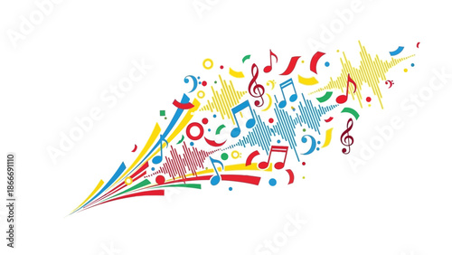 Colorful abstract illustration of musical notes and sound waves expanding outward, dynamic concept