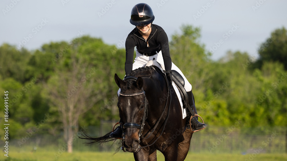 Fototapeta premium Dressage Equestrian riding black tobiano horse 