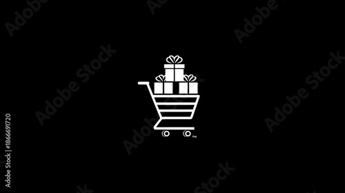 White outline shopping cart icon with stacked gift boxes on a black background, symbolizing online shopping, sales, and presents.