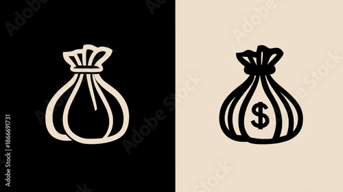 Outline money bag icon set, two variations, representing finance, wealth, savings, cash, and investment. Simple vector graphic.