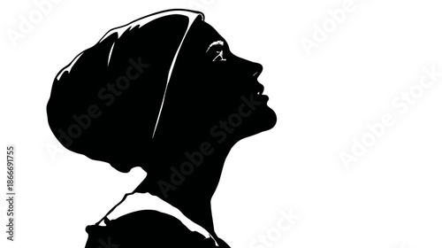 Graphic silhouette of a woman's head and shoulders in profile, wearing a head covering and looking up with hope and contemplation.