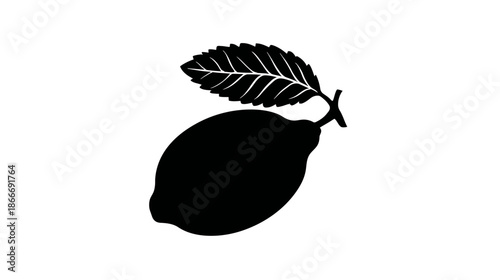 Black silhouette of a fresh lemon fruit with a single leaf. Simple citrus design element or icon on white background.