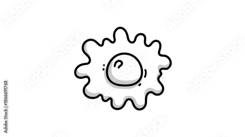 Hand-drawn cartoon fried egg illustration. Simple doodle outline of a sunny side up breakfast food icon on white background.