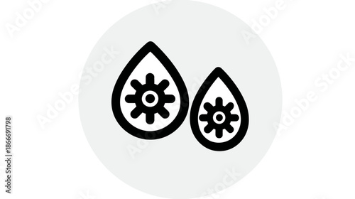 Fluid engineering icon with two water drops and gears, symbolizing industrial liquid processes, purification, and mechanical systems