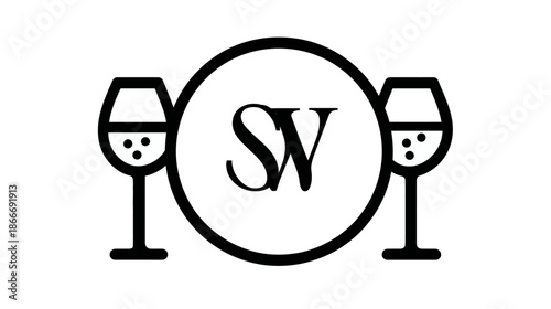Elegant minimalist wine glasses graphic with decorative 'SW' initials in a circle, vector logo design concept.