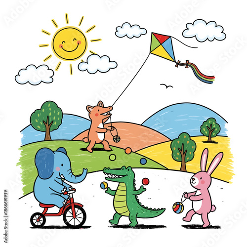 Whimsical animals enjoying a sunny day with a kite and outdoor games