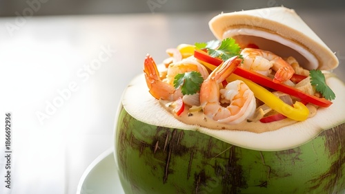 Traditional Brazilian 'Camarão no Coco' - Shrimp Served in a Fresh Coconut as a Bowl